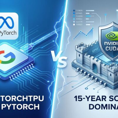Split-screen visualization showing Google TPU and Meta PyTorch partnership on left challenging Nvidia CUDA software moat on right