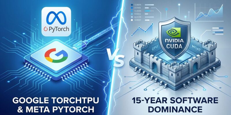 Split-screen visualization showing Google TPU and Meta PyTorch partnership on left challenging Nvidia CUDA software moat on right