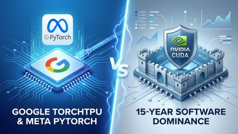 Split-screen visualization showing Google TPU and Meta PyTorch partnership on left challenging Nvidia CUDA software moat on right
