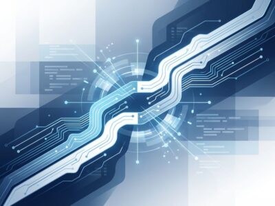 Abstract representation of Cursor IDE and Graphite code review platform integration with blue and white geometric design