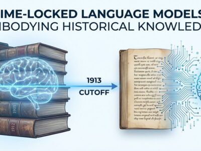 Historical books from pre-1913 with neural network overlay representing time-locked language models