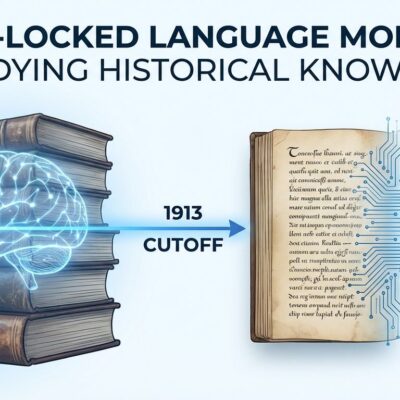 Historical books from pre-1913 with neural network overlay representing time-locked language models