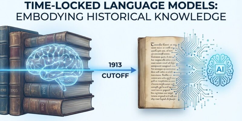 Historical books from pre-1913 with neural network overlay representing time-locked language models