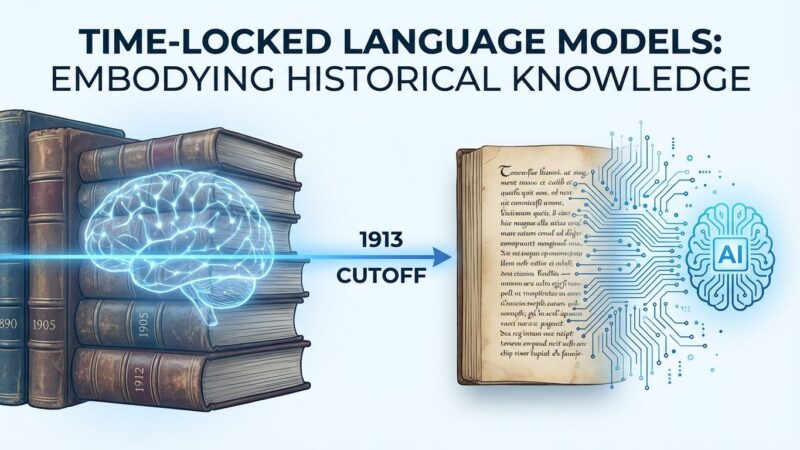 Historical books from pre-1913 with neural network overlay representing time-locked language models