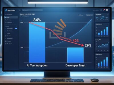 Data visualization showing AI tool adoption at 84% versus developer trust at only 29%, illustrating the Stack Overflow 2025 survey paradox
