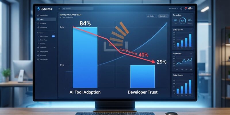 Data visualization showing AI tool adoption at 84% versus developer trust at only 29%, illustrating the Stack Overflow 2025 survey paradox