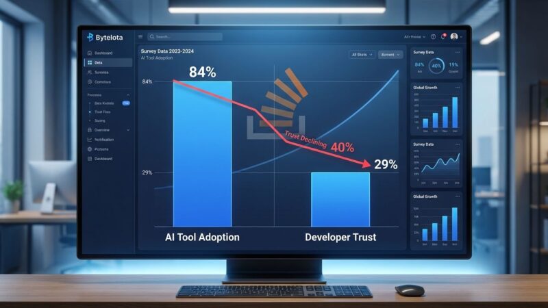 Data visualization showing AI tool adoption at 84% versus developer trust at only 29%, illustrating the Stack Overflow 2025 survey paradox