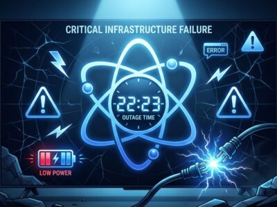 Atomic clock infrastructure with power failure warning