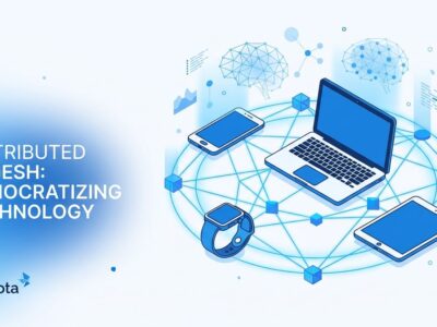 Distributed AI cluster network showing everyday devices connected in peer-to-peer mesh architecture