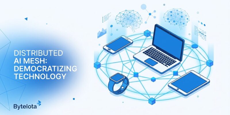 Distributed AI cluster network showing everyday devices connected in peer-to-peer mesh architecture