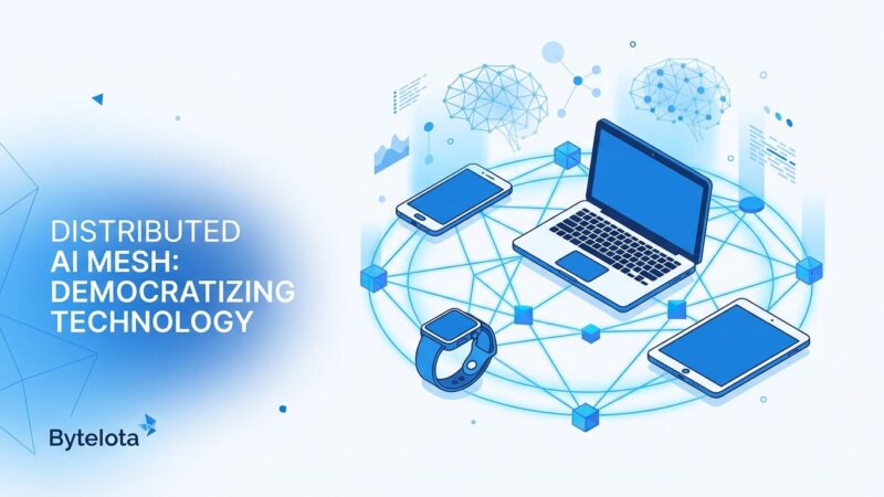 Distributed AI cluster network showing everyday devices connected in peer-to-peer mesh architecture