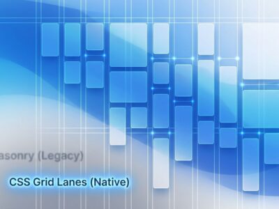 CSS Grid Lanes masonry layout visualization showing staggered columns with blue gradient design