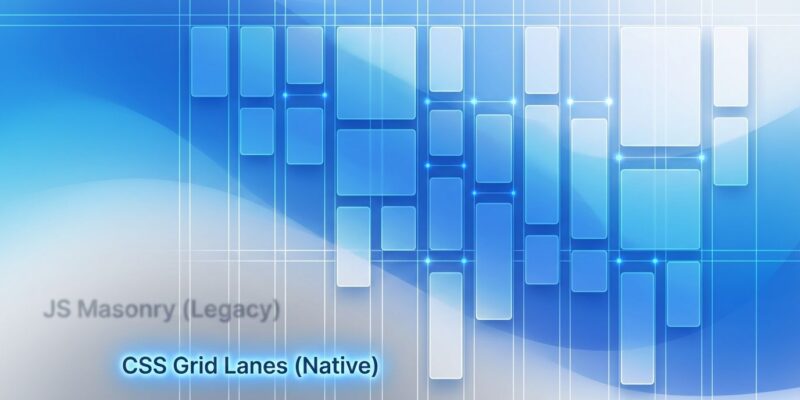 CSS Grid Lanes masonry layout visualization showing staggered columns with blue gradient design