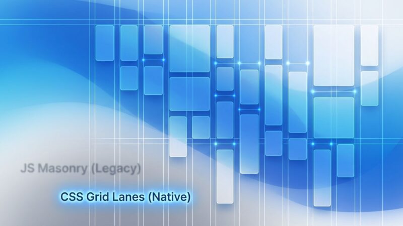 CSS Grid Lanes masonry layout visualization showing staggered columns with blue gradient design
