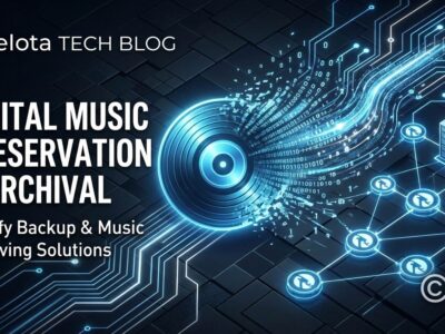 Digital music preservation visualization showing music waveforms transforming into data streams and torrent network nodes, representing Anna's Archive 300TB Spotify backup
