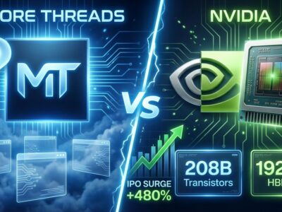 Split-screen comparison showing Moore Threads claims versus Nvidia Blackwell specifications in AI chip rivalry