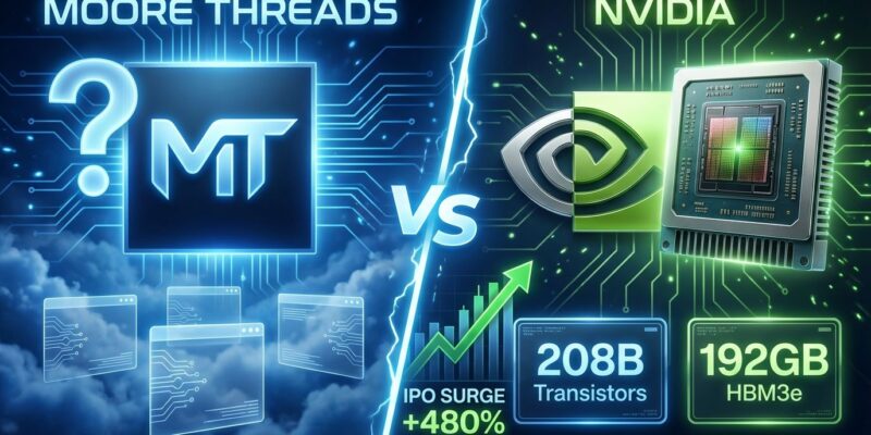 Split-screen comparison showing Moore Threads claims versus Nvidia Blackwell specifications in AI chip rivalry