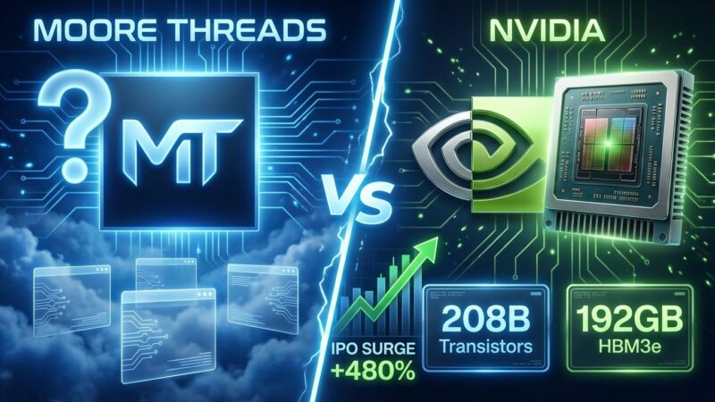 Split-screen comparison showing Moore Threads claims versus Nvidia Blackwell specifications in AI chip rivalry