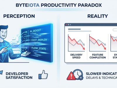 Split screen illustration showing AI productivity perception vs reality