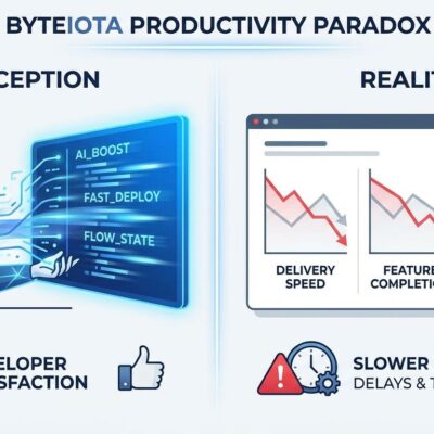 Split screen illustration showing AI productivity perception vs reality