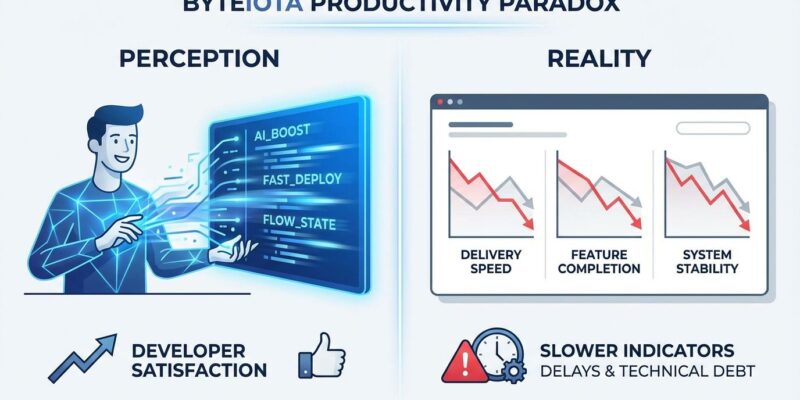 Split screen illustration showing AI productivity perception vs reality