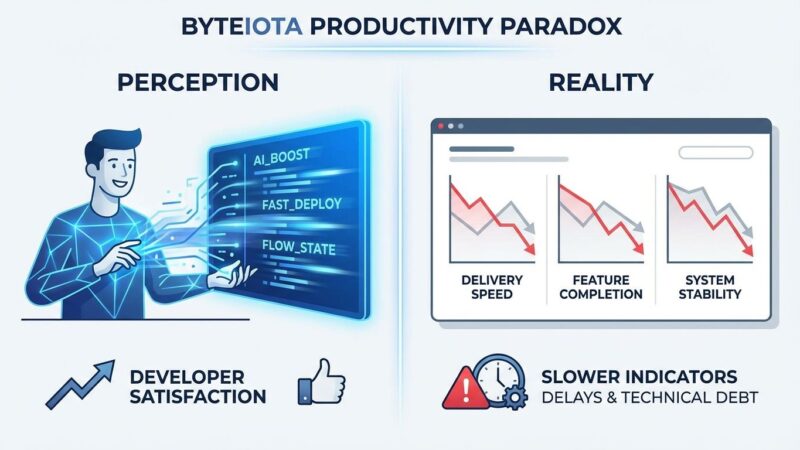 Split screen illustration showing AI productivity perception vs reality