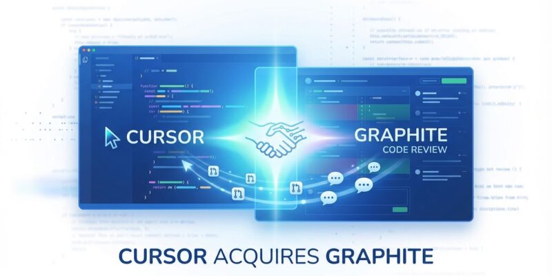 Cursor and Graphite code review acquisition visualization showing code editor merging with review panel