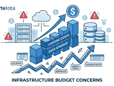 Illustration of rising infrastructure costs with log entries and budget graphs