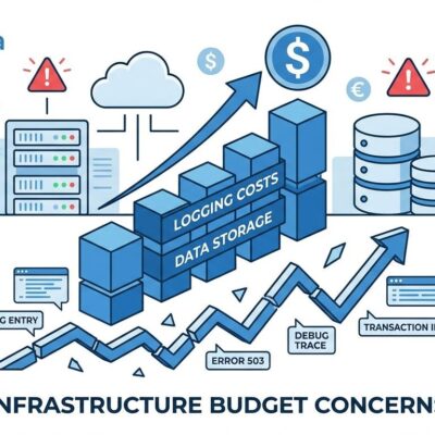 Illustration of rising infrastructure costs with log entries and budget graphs
