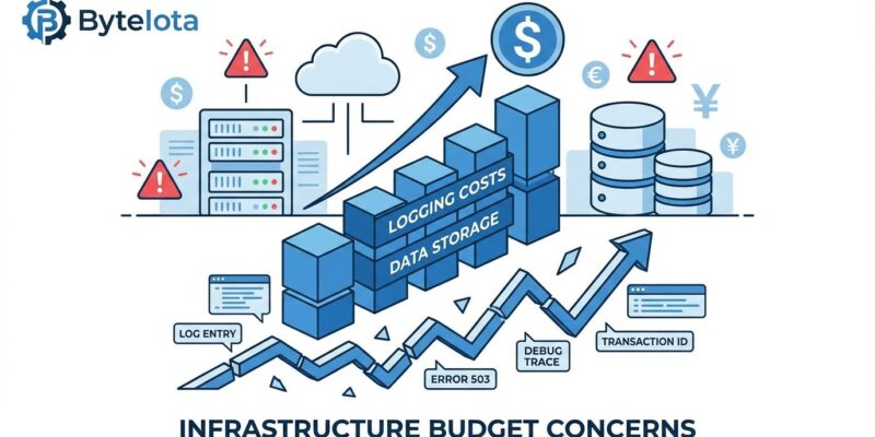 Illustration of rising infrastructure costs with log entries and budget graphs