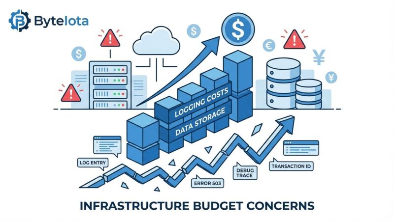 Illustration of rising infrastructure costs with log entries and budget graphs