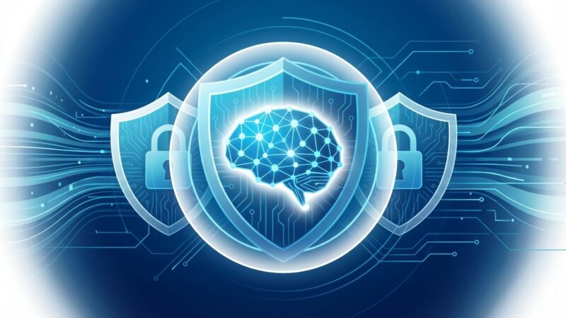 NIST AI Cybersecurity Framework visualization with layered security protecting AI systems