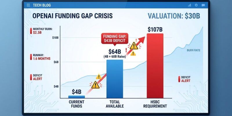 Data visualization showing OpenAI's funding gap between available capital and HSBC's requirement projection