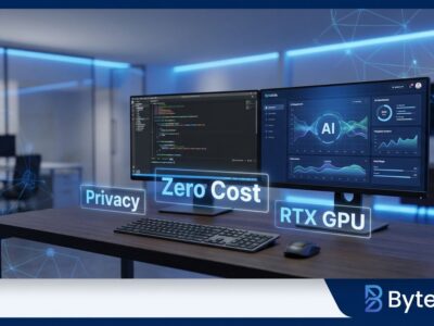 Developer workspace with local AI coding model running on computer