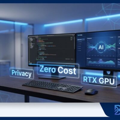 Developer workspace with local AI coding model running on computer