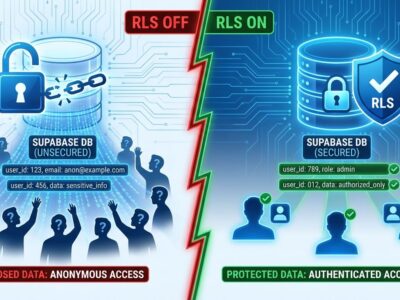 Split-screen showing Supabase database without RLS (exposed data) versus with RLS enabled (secured data)