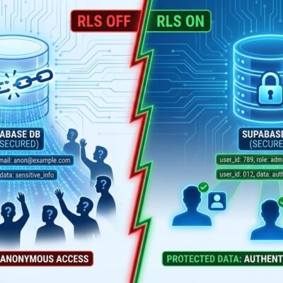 Split-screen showing Supabase database without RLS (exposed data) versus with RLS enabled (secured data)
