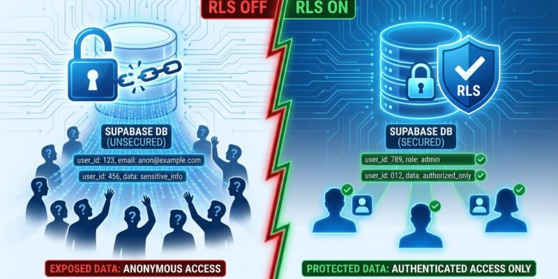 Split-screen showing Supabase database without RLS (exposed data) versus with RLS enabled (secured data)