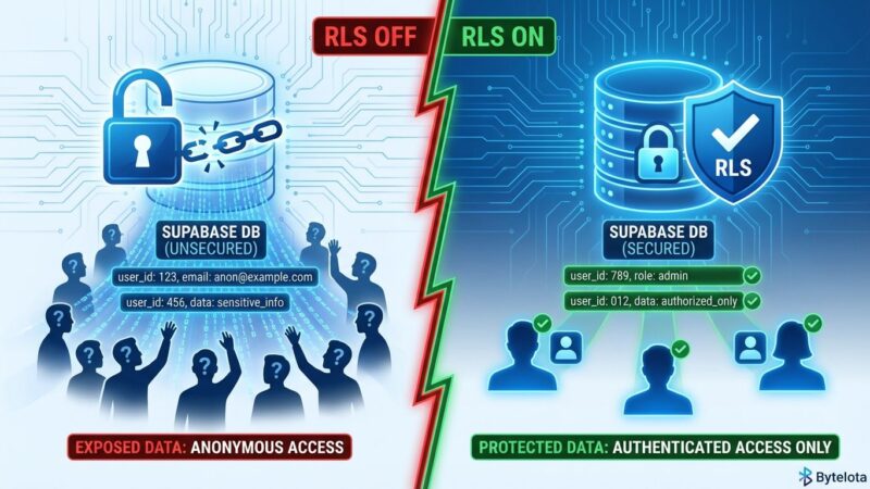 Split-screen showing Supabase database without RLS (exposed data) versus with RLS enabled (secured data)
