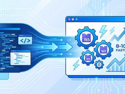 WebAssembly and Rust performance visualization showing code optimization and browser speed boost