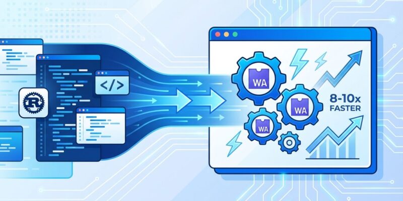 WebAssembly and Rust performance visualization showing code optimization and browser speed boost