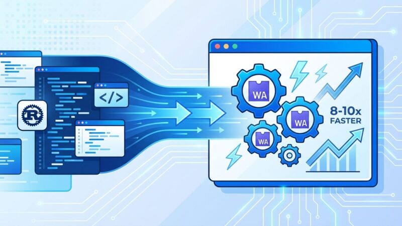 WebAssembly and Rust performance visualization showing code optimization and browser speed boost