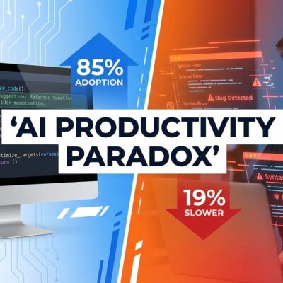 Split-screen visualization showing AI coding assistance versus developer reality, illustrating the productivity paradox where 85% use AI but measure 19% slower