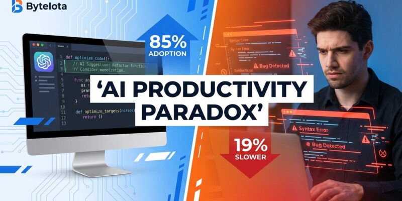 Split-screen visualization showing AI coding assistance versus developer reality, illustrating the productivity paradox where 85% use AI but measure 19% slower