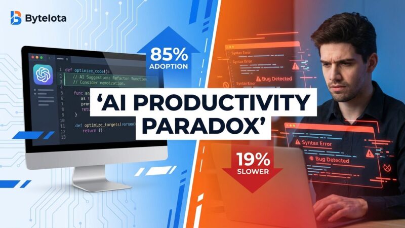 Split-screen visualization showing AI coding assistance versus developer reality, illustrating the productivity paradox where 85% use AI but measure 19% slower