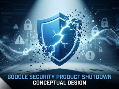 Broken blue security shield with crack dispersing into particles, representing Google's Dark Web Report shutdown