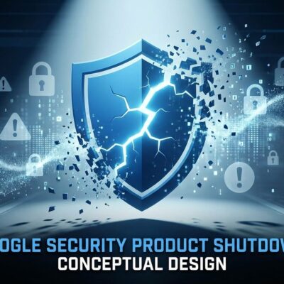 Broken blue security shield with crack dispersing into particles, representing Google's Dark Web Report shutdown