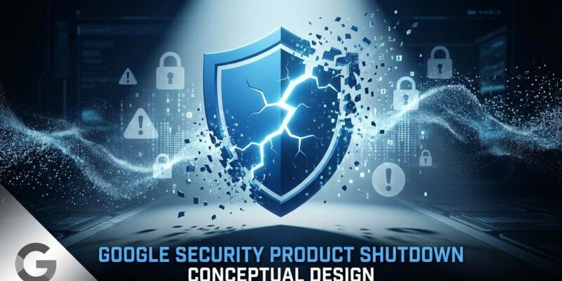 Broken blue security shield with crack dispersing into particles, representing Google's Dark Web Report shutdown