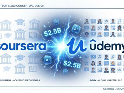 Coursera Udemy merger visualization showing two platforms merging with AI symbols