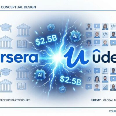 Coursera Udemy merger visualization showing two platforms merging with AI symbols